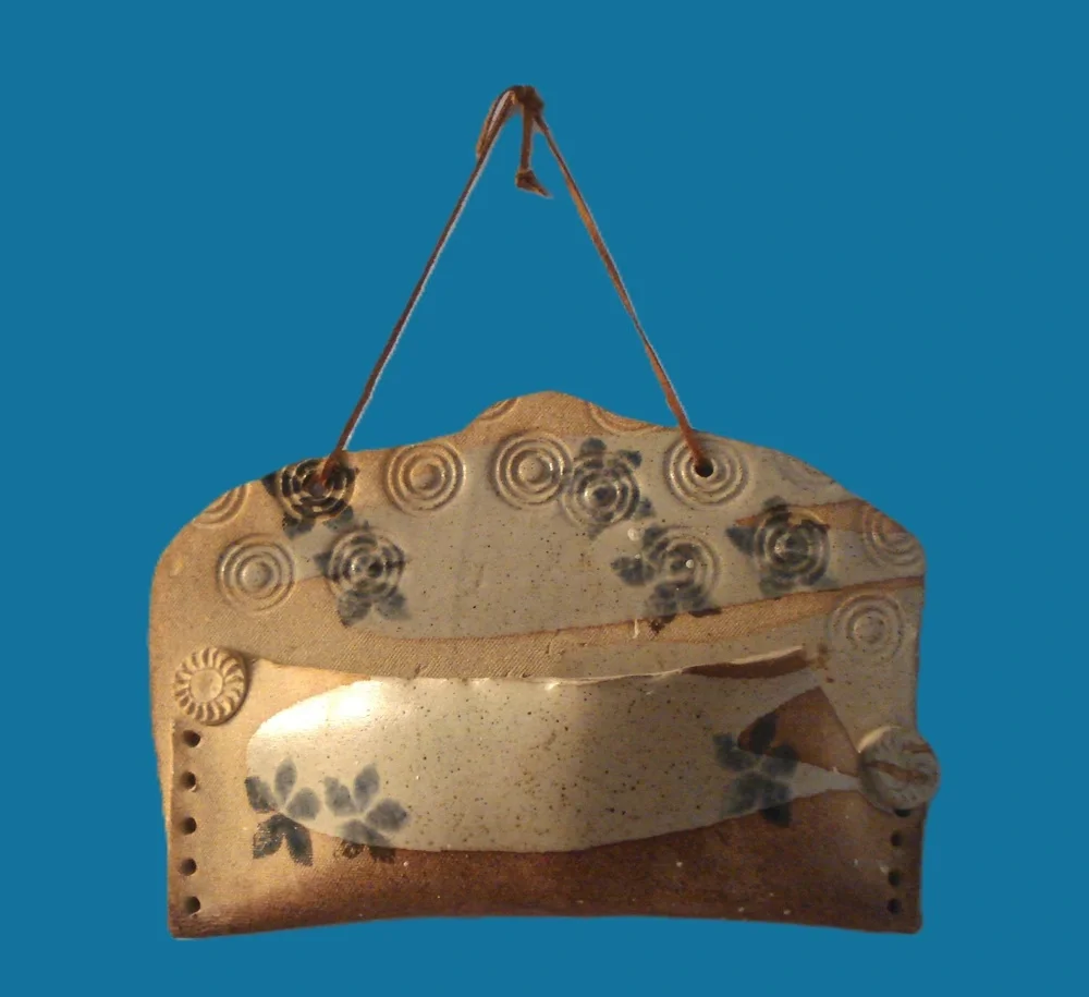 Vintage, Stoneware, Cobalt Blue Flowers, Wall Pocket